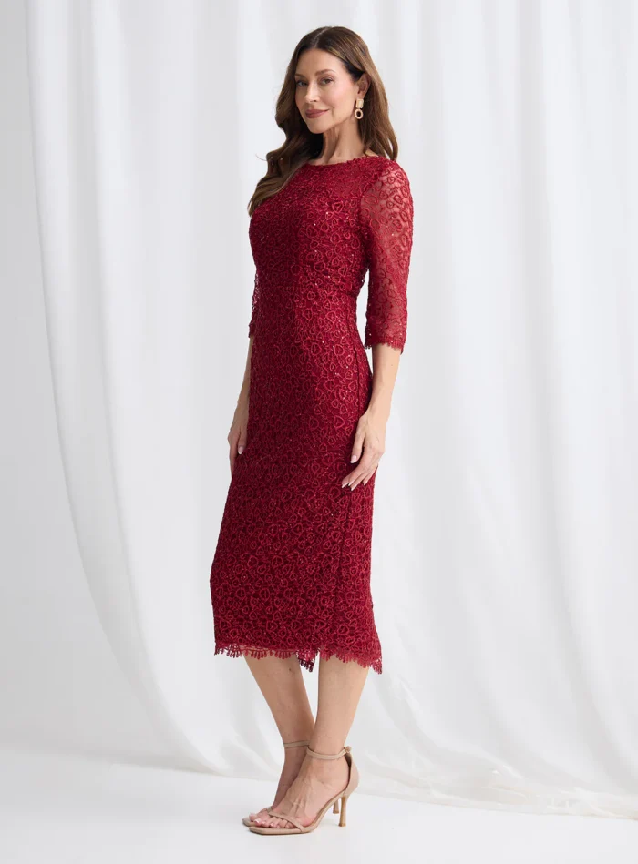 Lotta Sequin Cocktail Midi Gown in Wine Mother of the Bride Dress