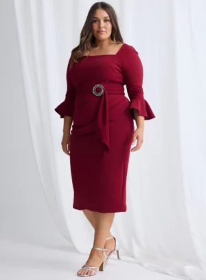 Nancy Midi Elegant Ruching with Refined Structure in Wine Mother of the Bride Dress