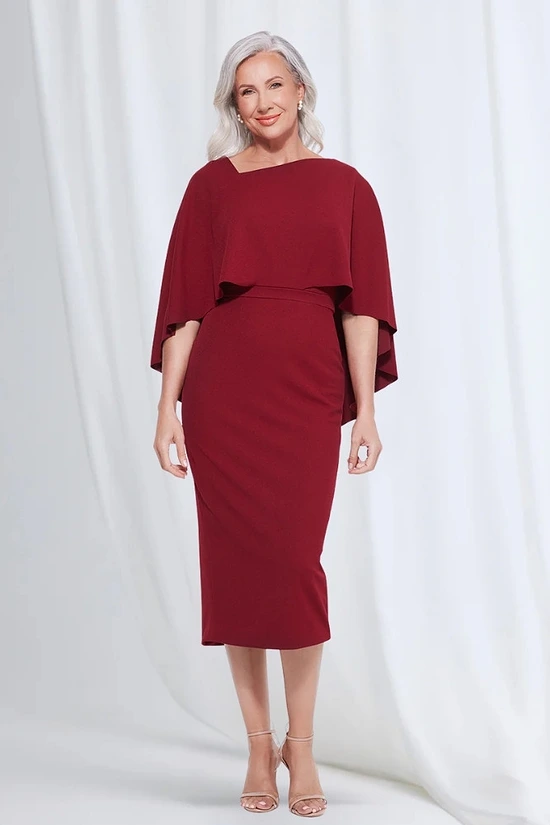 Oriana Midi Modern Asymmetry with Elegant Flow in Wine Mother of the Bride Dress