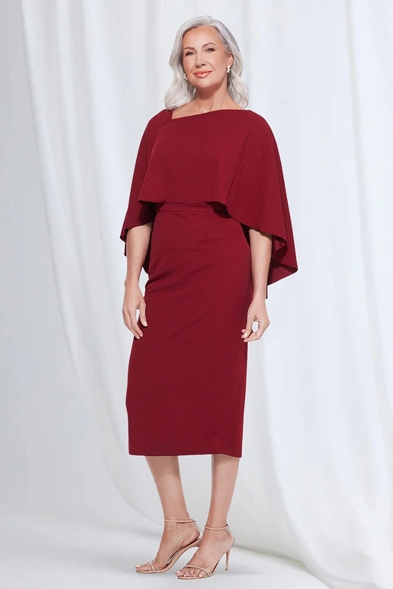 Oriana Midi Modern Asymmetry with Elegant Flow in Wine Mother of the Bride Dress