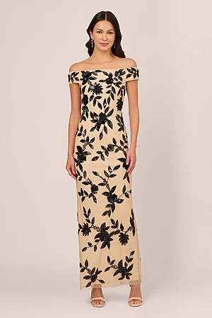 Alice Off Shoulder Black Sequin Nude Gown by Adrianna Papell