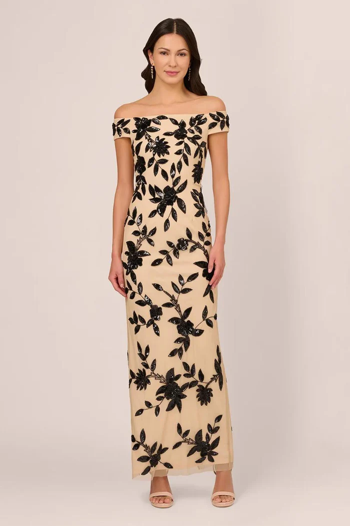 Alice Off Shoulder Black Sequin Nude Gown | Adrianna Papell