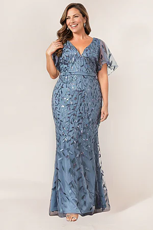 Edith Flutter Sleeve Sequin Dusty Blue Gown by Dressology