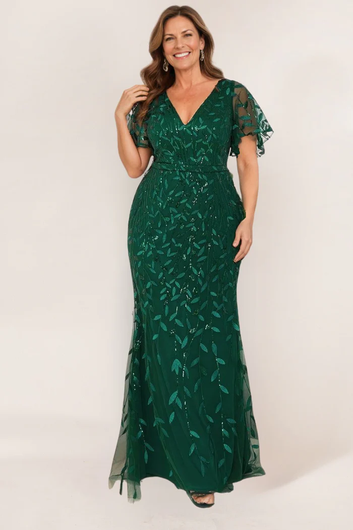 Edith Flutter Sleeve Sequin Emerald Gown | Mother of the Bride