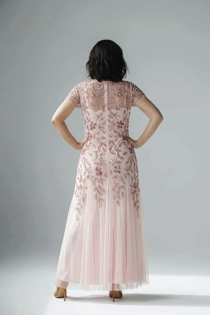 Hand Beaded Blush Pink Short Sleeve Floral Godet Gown by Adrianna Papell