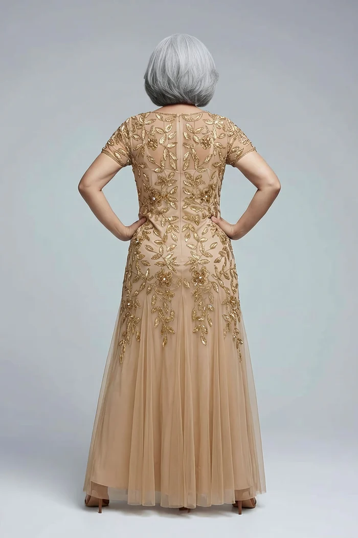 Hand Beaded Champagne Gold Short Sleeve Floral Godet Gown by Adrianna Papell