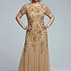 Hand Beaded Champagne Gold Short Sleeve Floral Godet Gown by Adrianna Papell