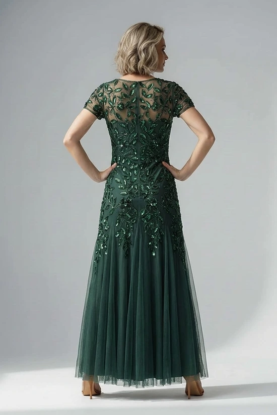 Hand Beaded Emerald Short Sleeve Floral Godet Gown by Adrianna Papell