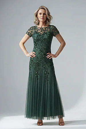Hand Beaded Emerald Short Sleeve Floral Godet Gown by Adrianna Papell