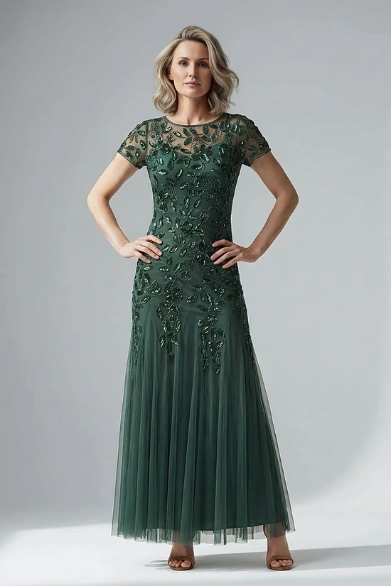 Hand Beaded Emerald Short Sleeve Floral Godet Gown by Adrianna Papell