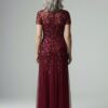Hand Beaded Mahogany Short Sleeve Floral Godet Gown by Adrianna Papell