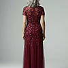 Hand Beaded Mahogany Short Sleeve Floral Godet Gown by Adrianna Papell