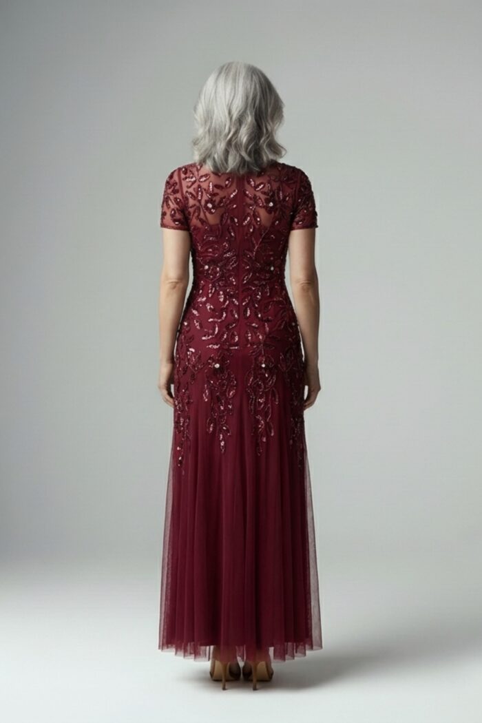 Hand Beaded Mahogany Short Sleeve Floral Godet Gown by Adrianna Papell