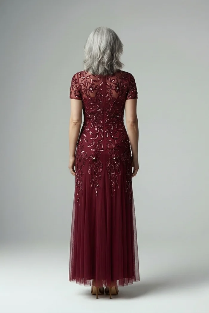 Hand Beaded Mahogany Short Sleeve Floral Godet Gown by Adrianna Papell