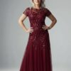 Hand Beaded Mahogany Short Sleeve Floral Godet Gown by Adrianna Papell