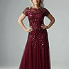 Hand Beaded Mahogany Short Sleeve Floral Godet Gown by Adrianna Papell