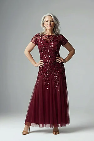 Hand Beaded Mahogany Short Sleeve Floral Godet Gown by Adrianna Papell