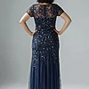 Hand Beaded Navy Short Sleeve Floral Godet Gown by Adrianna Papell