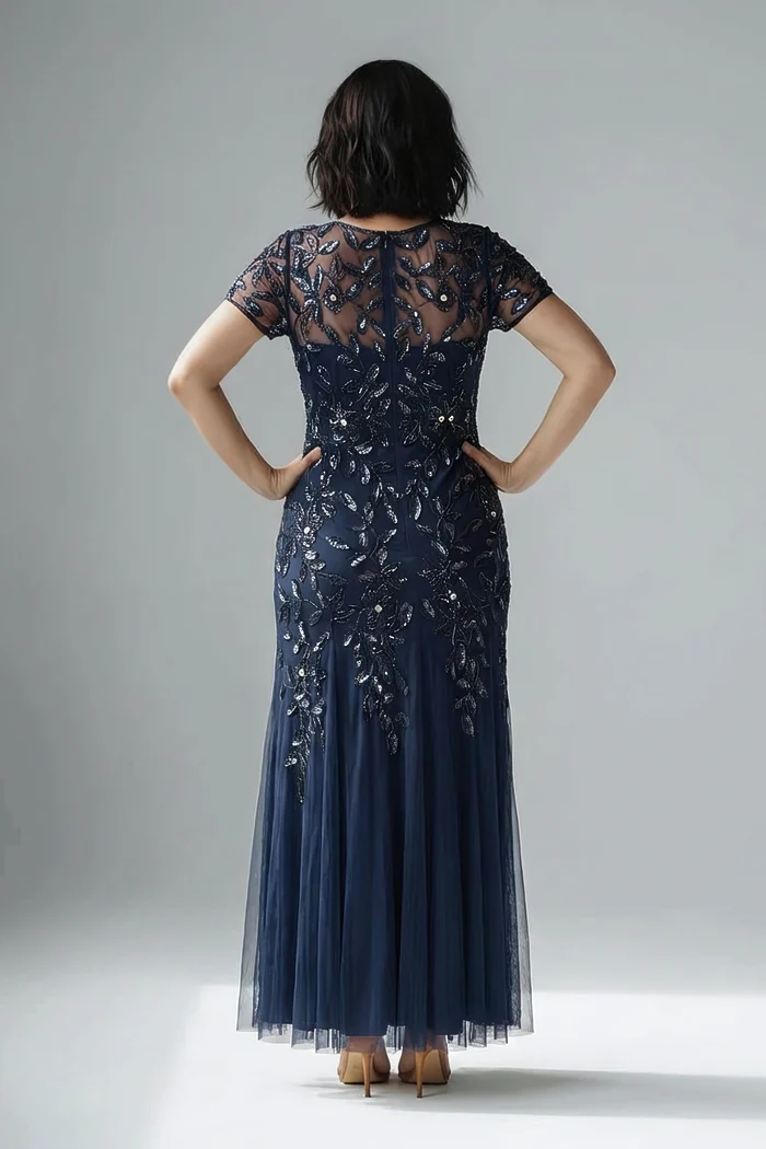 Hand Beaded Navy Short Sleeve Floral Godet Gown by Adrianna Papell