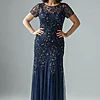 Hand Beaded Navy Short Sleeve Floral Godet Gown by Adrianna Papell