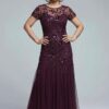 Hand Beaded Plum Short Sleeve Floral Godet Gown by Adrianna Papell