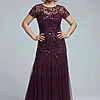 Hand Beaded Plum Short Sleeve Floral Godet Gown by Adrianna Papell