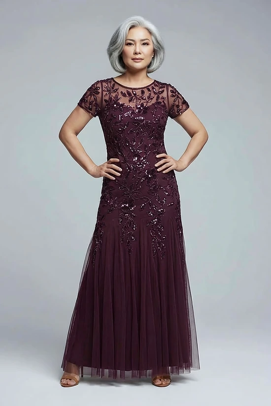 Hand Beaded Plum Short Sleeve Floral Godet Gown by Adrianna Papell