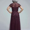 Hand Beaded Plum Short Sleeve Floral Godet Gown by Adrianna Papell
