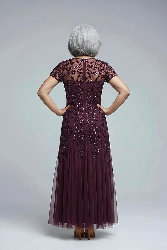 Hand Beaded Plum Short Sleeve Floral Godet Gown by Adrianna Papell