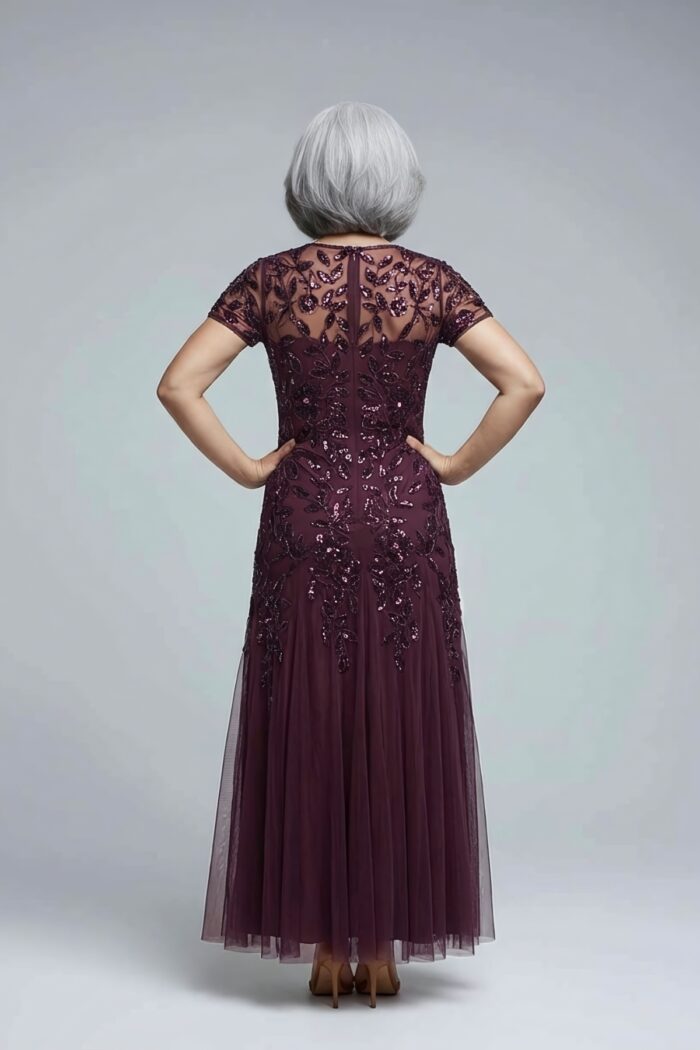 Hand Beaded Plum Short Sleeve Floral Godet Gown by Adrianna Papell