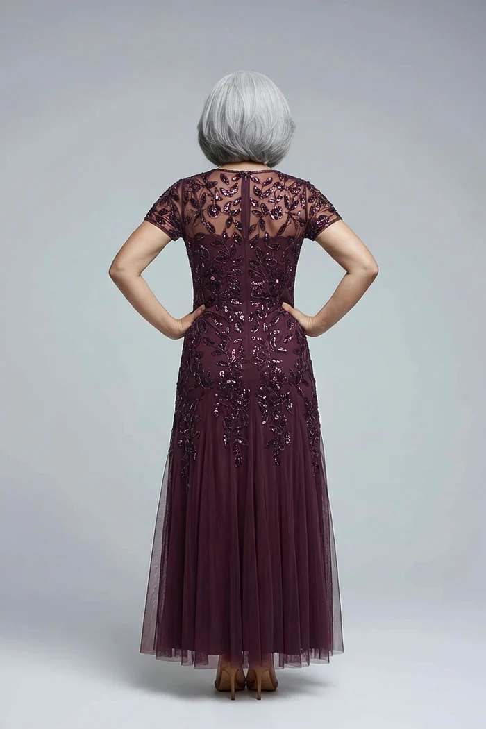 Hand Beaded Plum Short Sleeve Floral Godet Gown by Adrianna Papell