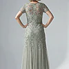 Hand Beaded Sage Green Short Sleeve Floral Godet Gown by Adrianna Papell