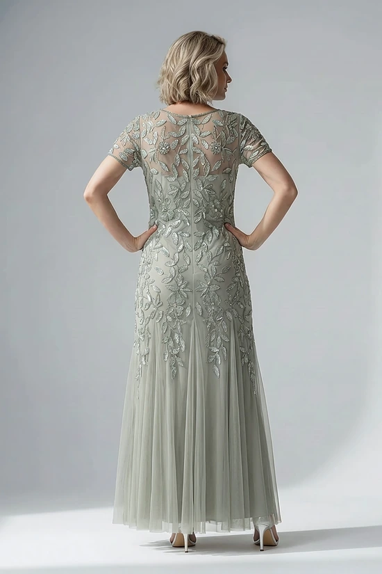 Hand Beaded Sage Green Short Sleeve Floral Godet Gown by Adrianna Papell