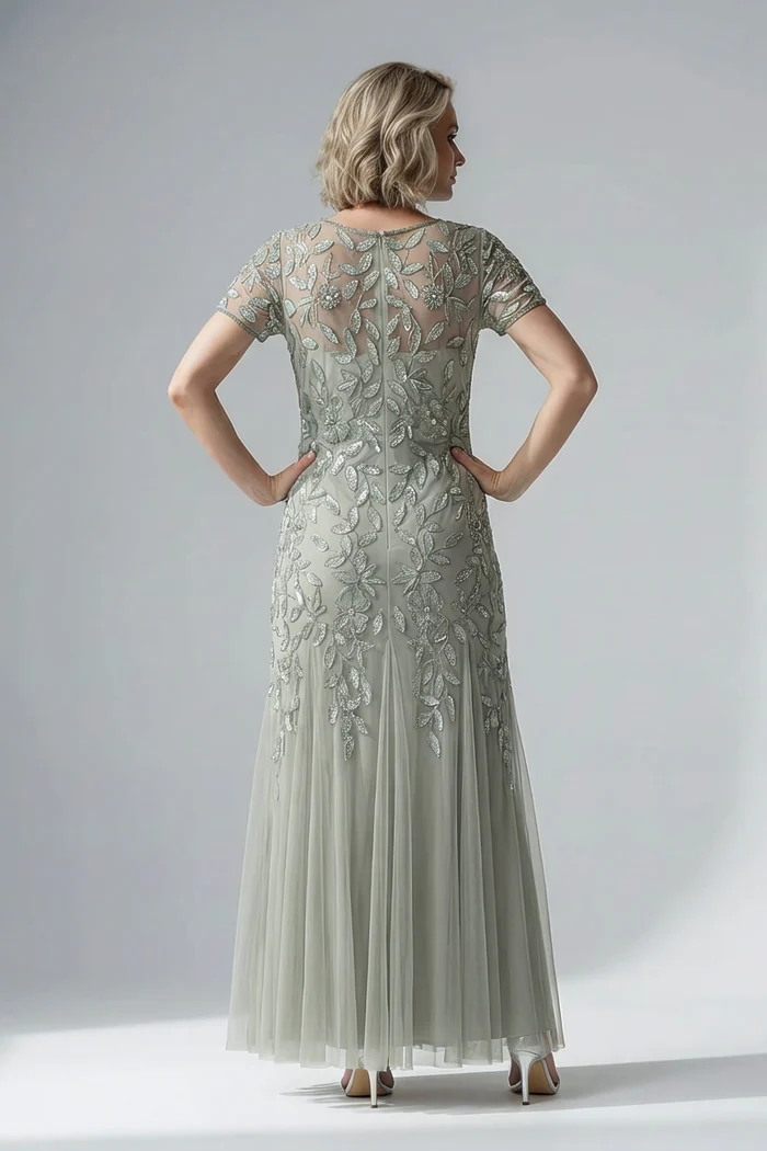 Hand Beaded Sage Green Short Sleeve Floral Godet Gown by Adrianna Papell