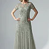 Hand Beaded Sage Green Short Sleeve Floral Godet Gown by Adrianna Papell