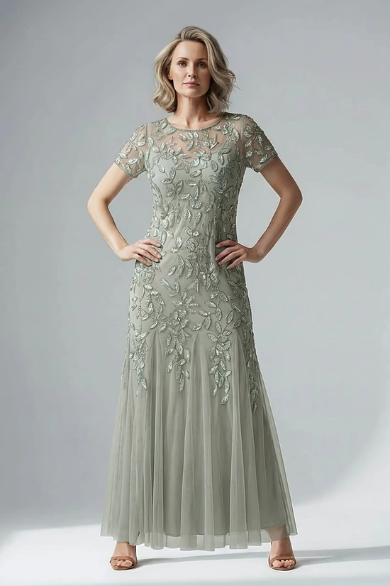 Hand Beaded Sage Green Short Sleeve Floral Godet Gown by Adrianna Papell
