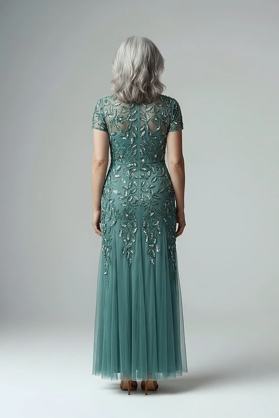 Hand Beaded Jade Short Sleeve Floral Godet Gown by Adrianna Papell