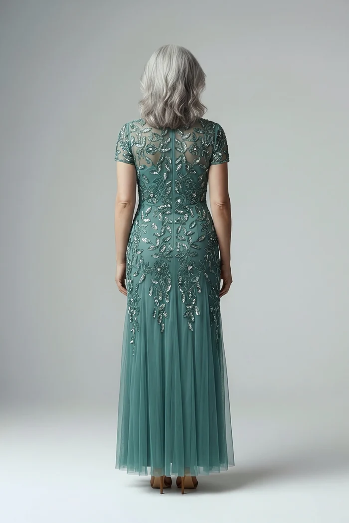 Hand Beaded Jade Short Sleeve Floral Godet Gown by Adrianna Papell
