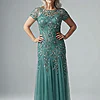 Hand Beaded Jade Short Sleeve Floral Godet Gown by Adrianna Papell