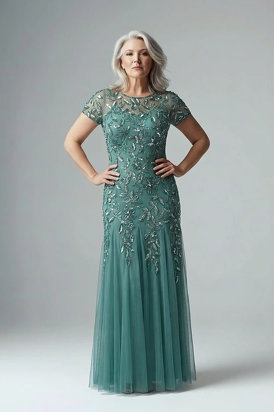 Hand Beaded Jade Short Sleeve Floral Godet Gown by Adrianna Papell