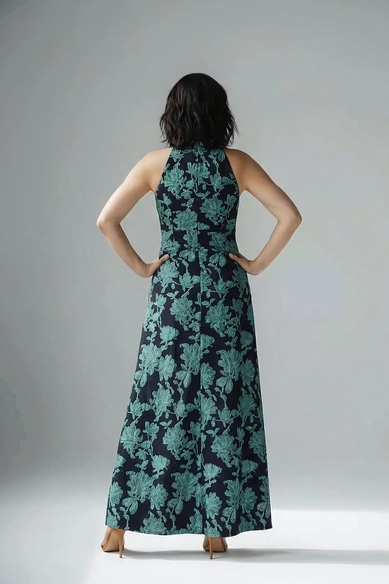 Floral Jacquard Shawl Collar Gown In Navy Multi by Adrianna Papell
