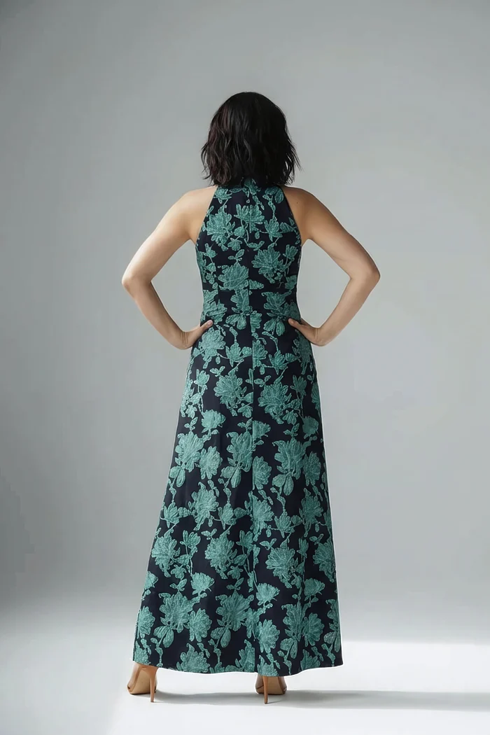 Floral Jacquard Shawl Collar Gown In Navy Multi by Adrianna Papell
