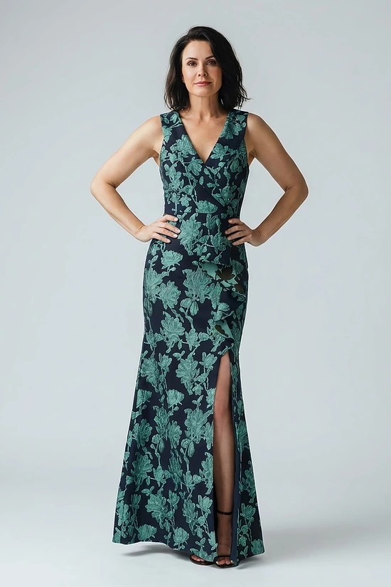 Floral Jacquard Shawl Collar Gown In Navy Multi by Adrianna Papell