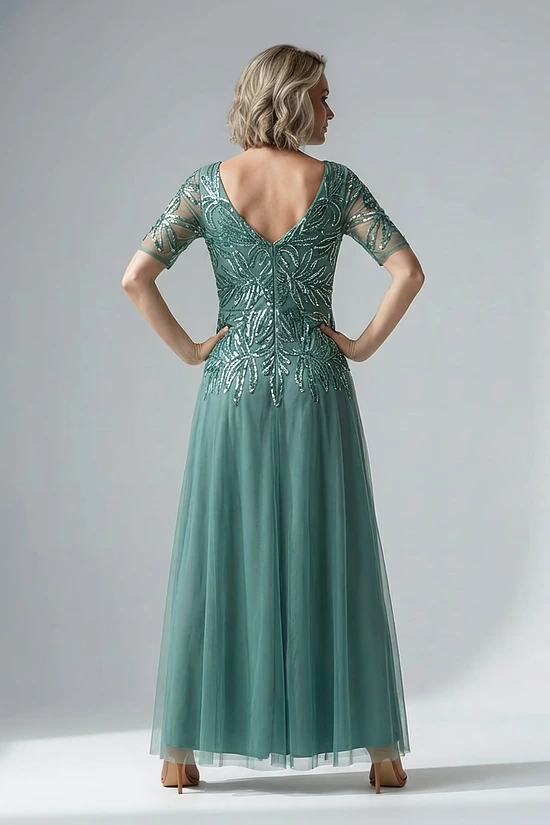 Beaded Mesh Long Dress in Green Slate by Adrianna Papell