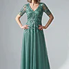 Beaded Mesh Long Dress in Green Slate by Adrianna Papell
