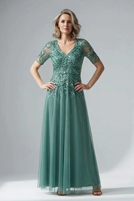 Beaded Mesh Long Dress in Green Slate by Adrianna Papell