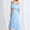 Benni Off Shoulder Dress Sculpted Florals in Pale Blue Mother of the Groom Dress