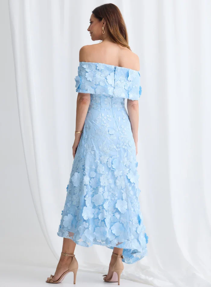 Benni Off Shoulder Dress Sculpted Florals in Pale Blue Mother of the Groom Dress