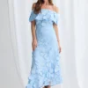 Benni Off Shoulder Dress Sculpted Florals in Pale Blue Mother of the Groom Dress