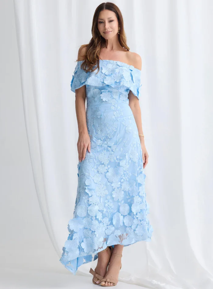 Benni Off Shoulder Dress Sculpted Florals in Pale Blue Mother of the Groom Dress